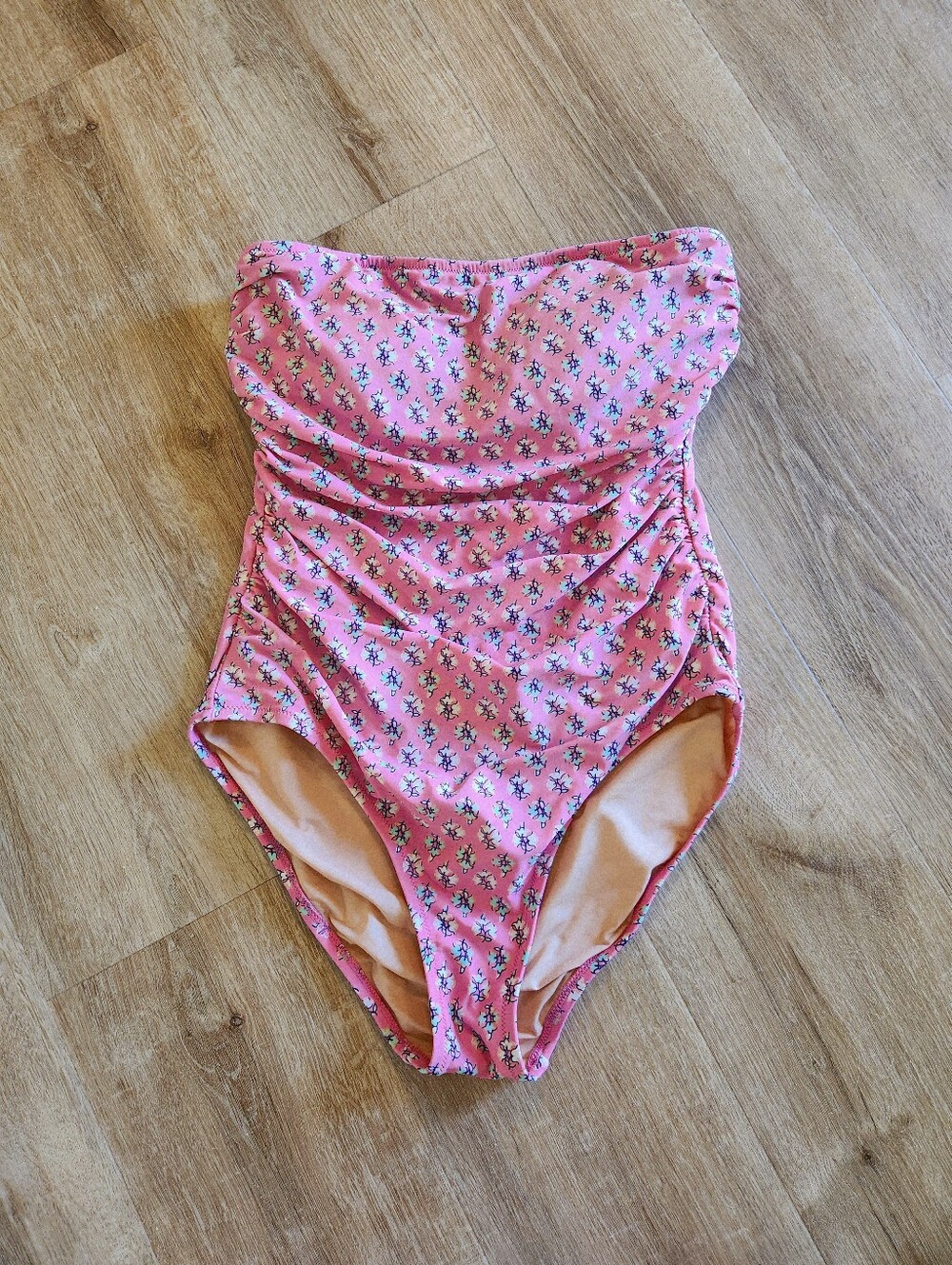 J. Crew Factory Pink Printed Ruched Bandeau Strapless One Piece Swimsuit Medium